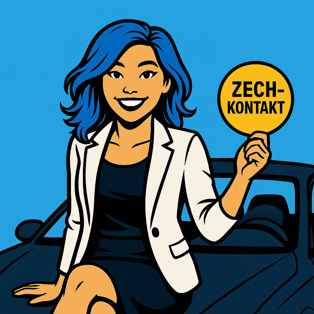 Frau sitzt auf Auto mit Zech-Aufkleber