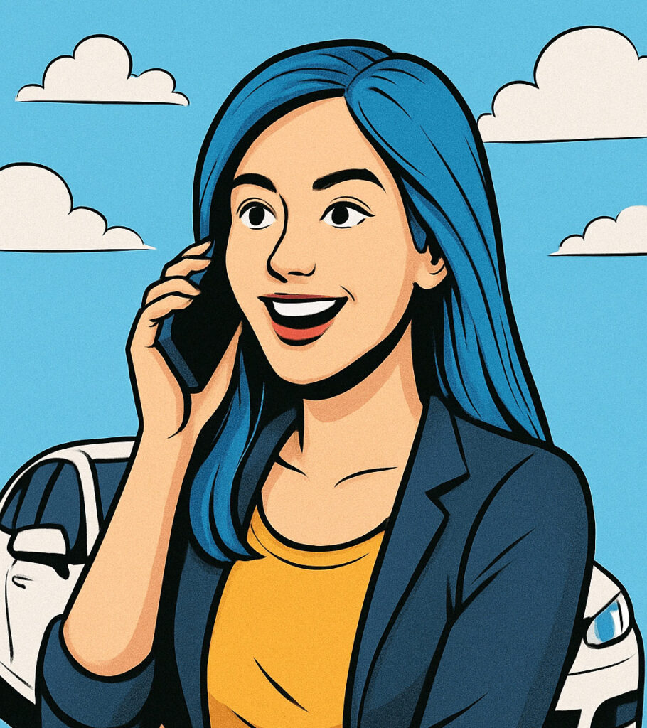 Frau im Comic-Stil telefoniert freundlich